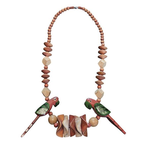 Vintage Wood Parrot Necklace 13" Brown Red Beaded Chunky Birds Retro Indie Boho - Picture 1 of 9